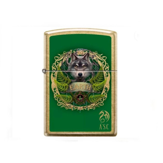 Zippo sárgaréz benzines öngyújtó – Anne Stokes „Earth Wolf” zöld farkas mintával