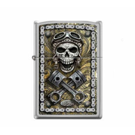 Zippo szálcsziszolt króm benzines öngyújtó – Rick Rietveld Steampunk Motoros Koponya