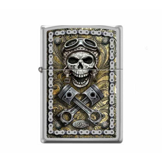 Zippo szálcsziszolt króm benzines öngyújtó – Rick Rietveld Steampunk Motoros Koponya