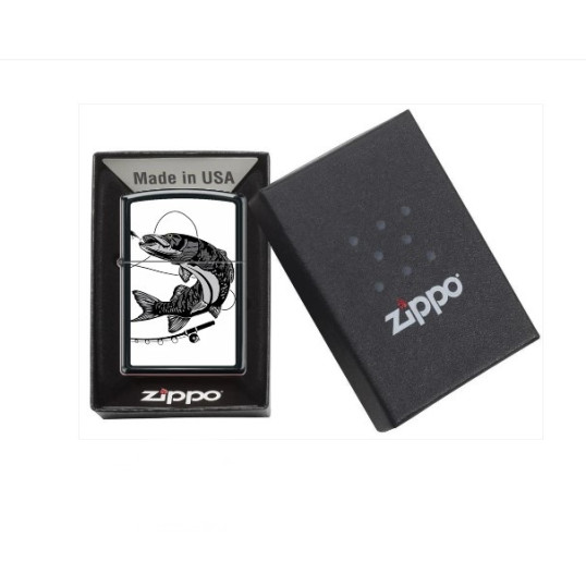 Zippo szálcsiszolt króm benzines öngyújtó – kapás közbeni hal mintával