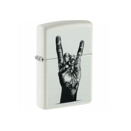 Zippo Benzines Vihargyújtó – Matt fehér „Rock Hand” mintával