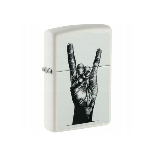 Zippo Benzines Vihargyújtó – Matt fehér „Rock Hand” mintával