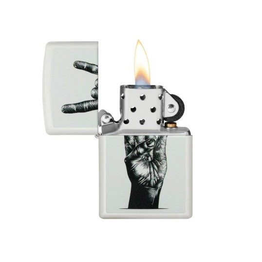 Zippo Benzines Vihargyújtó – Matt fehér „Rock Hand” mintával