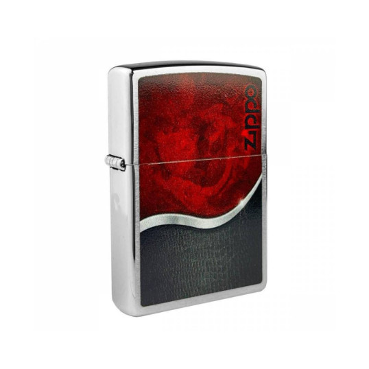 Zippo króm benzines öngyújtó – Piros rózsa, fekete-ezüst színű mintával