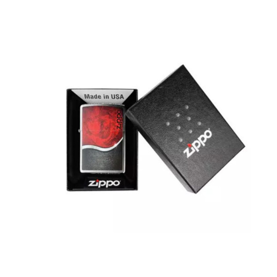 Zippo króm benzines öngyújtó – Piros rózsa, fekete-ezüst színű mintával