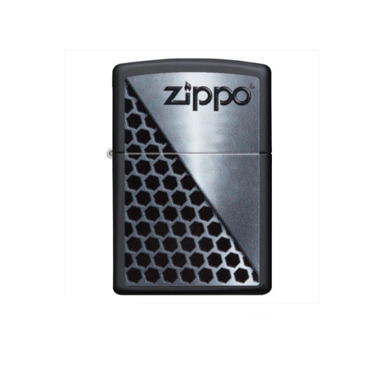 Zippo ajándék szett – Fekete-ezüst színű hatszög mintás benzines öngyújtó, 125 ml benzin és tűzkő készlet díszdobozban