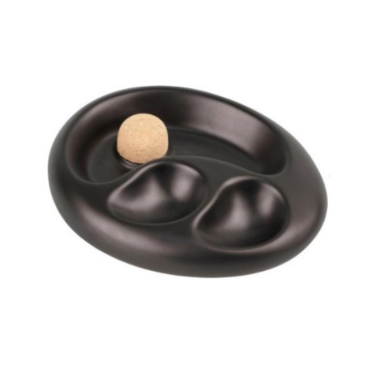 Ovális kerámia pipa hamutartó – fekete matt, parafa betéttel, 2 pipa számára