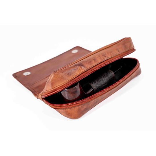 Angelo kecskebőr pipatáska 2 pipa számára – barna, külön rekesszel a pipadohány számára