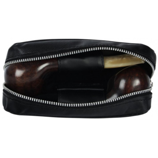 Padonio puha tapintású bőr pipatáska 2 pipa számára-fekete, külön rekesszel a pipa dohány számára