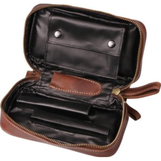 Padonio bőr pipatáska 2 pipa számára - barna színű, steppelt mintával, külön rekesszel a pipadohány számára