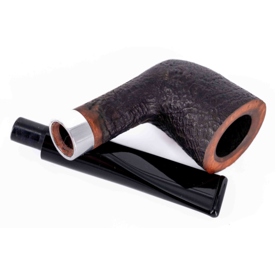 Aldo Morelli, fekete színű homokfúvott briar pipa egyenes akril szárral és széles alumínium gyűrűvel