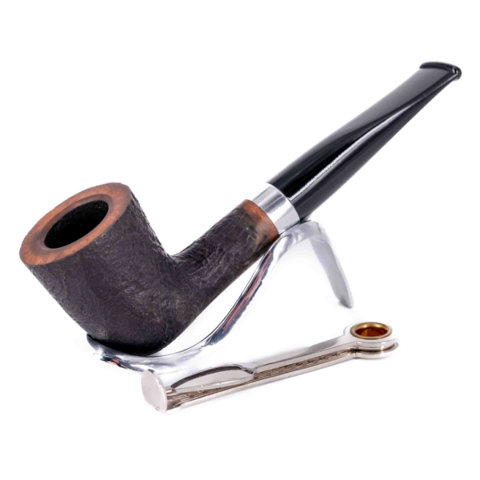 Aldo Morelli, fekete színű homokfúvott briar pipa egyenes akril szárral és széles alumínium gyűrűvel