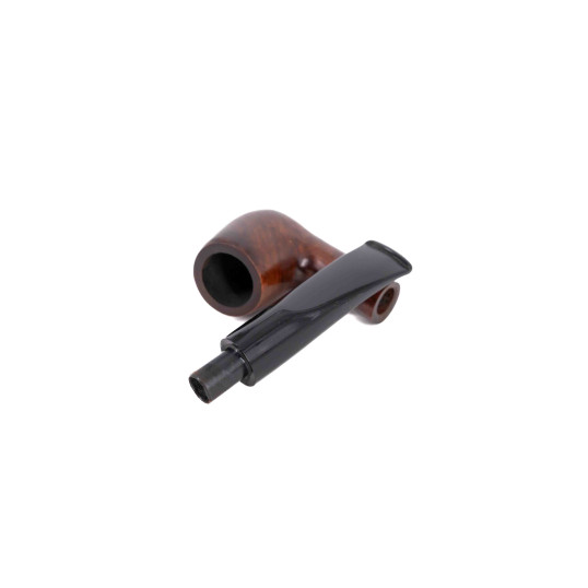 Aldo Velani Billiard típusú, sötétbarna színű, polírozott hanga gyökér pipa enyhén hajlított fekete akril szárral