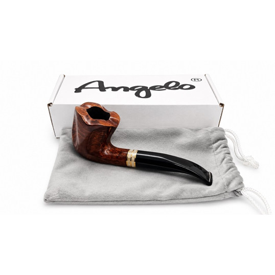Angelo freehand pipa – 9 mm filteres, különleges barna freehand fejjel, fekete enyhén hajlított szárral, tripla aranyszínű díszgyűrűvel