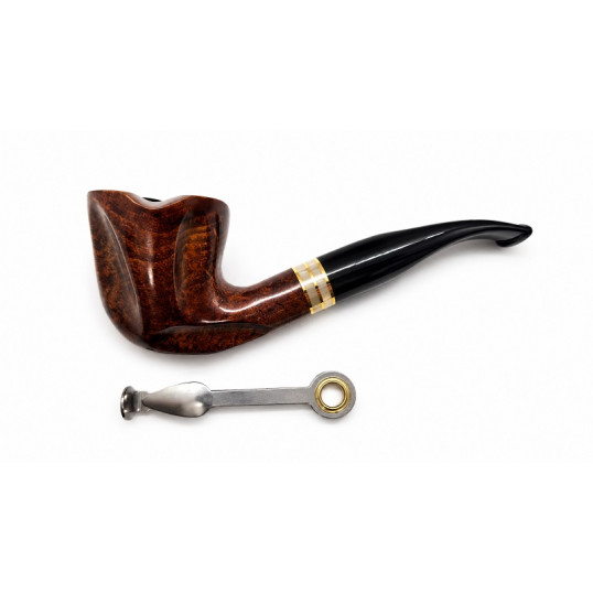Angelo freehand pipa – 9 mm filteres, különleges barna freehand fejjel, fekete enyhén hajlított szárral, tripla aranyszínű díszgyűrűvel