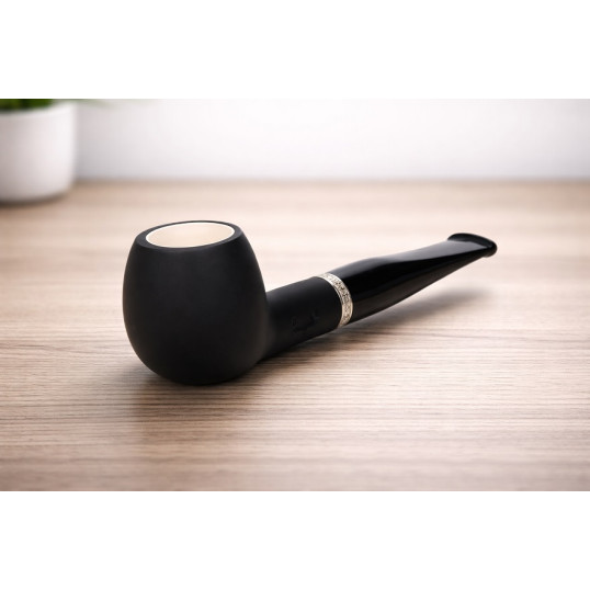 Angelo tajtékbetétes Egg pipa – 9 mm filteres, matt fekete, ezüst színű díszgyűrűvel