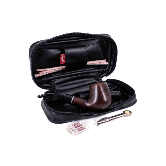 Angelo pipás szett, 9 mm filteres hajlított szárú briar pipával, pipatáskával és pipás kiegészítőkkel  