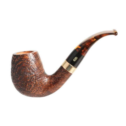 Chacom Churchill Sandblast 851, homokfúvott barna színű briar gyökér pipa  hajlított akril szárral széles réz gyűrűvel