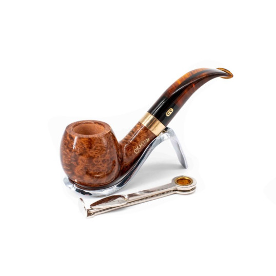 Chacom Churchill 184, világos barna színű polírozott hanga gyökér pipa hajlított akril szárral és réz gyűrűvel