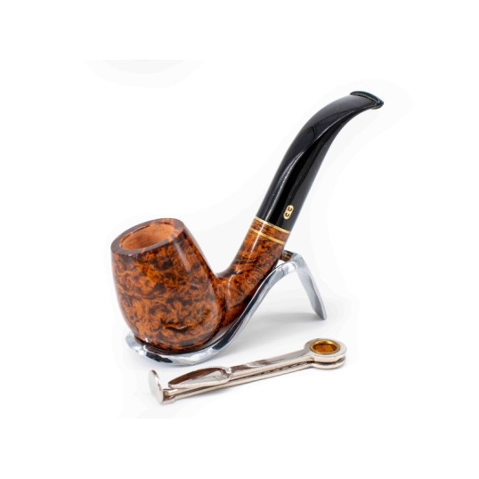 Chacom Club 851, barna színű polírozott hanga gyökér pipa hajlitott akril szárral dupla réz gyűrűvel, 9mm filteres