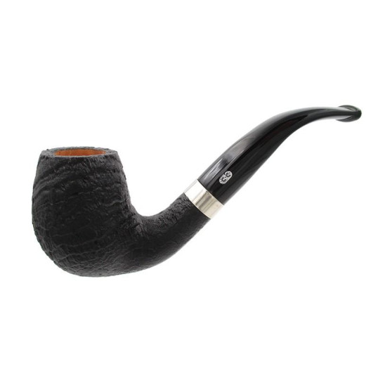 Chacom L Essard 851, fekete színű homokfúvott briar pipa hajlított akril szárral és széles alumínium gyűrűvel