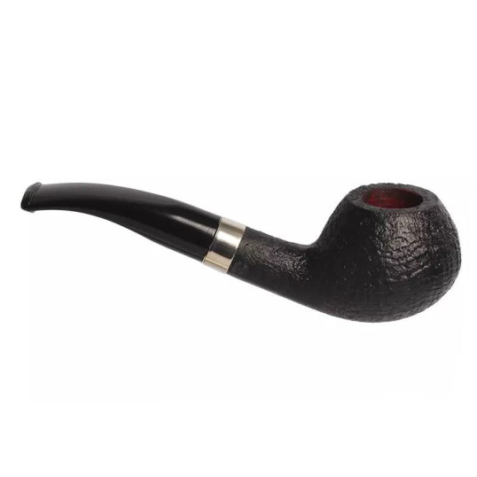 Chacom L Essard 871, fekete színű homokfúvott briar pipa enyhén hajlított akril szárral és széles alumínium gyűrűvel