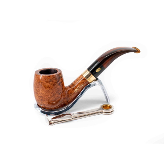Chacom Churchill 42, világos barna színű polírozott hanga gyökér pipa hajlított akril szárral és réz gyűrűvel