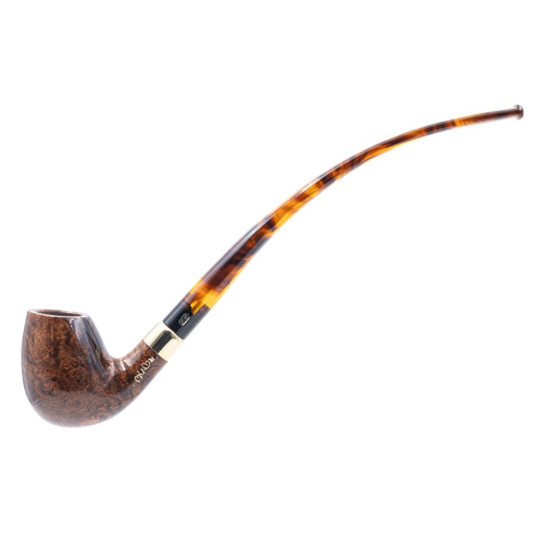 Chacom Churchill Unie polírozott, barna mintás hanga gyökér pipa hajlított borostyánszínű akril szárral és réz gyűrűvel