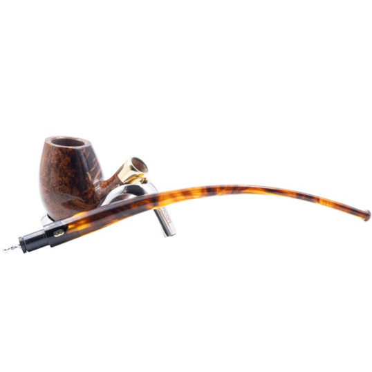 Chacom Churchill Unie polírozott, barna mintás hanga gyökér pipa hajlított borostyánszínű akril szárral és réz gyűrűvel