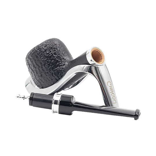 Chacom Pocket fekete színű bruyer pipa egyenes fekete színű akril csutorával - Polírozott ezüst gyűrű díszítéssel