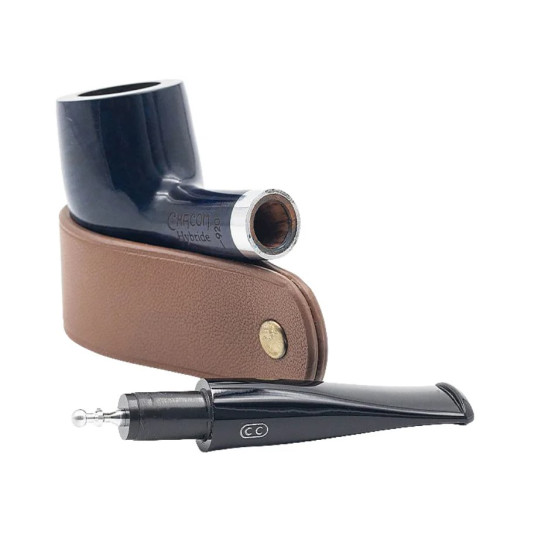 Chacom Hybride Bleue sötétkék színű polírozott briar pipa, egynes szárral, ezüst színű gyűrvel