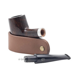 Chacom Hybride Brune polírozott briar pipa, egynes szárral, ezüst színű gyűrvel