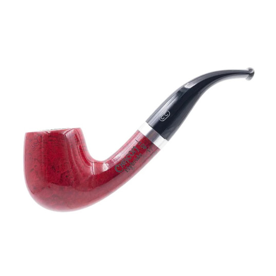 Chacom Hybride Rouge piros színű polírozott briar pipa, hajlított szárral, ezüst színű gyűrvel