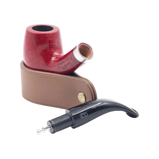 Chacom Hybride Rouge piros színű polírozott briar pipa, hajlított szárral, ezüst színű gyűrvel