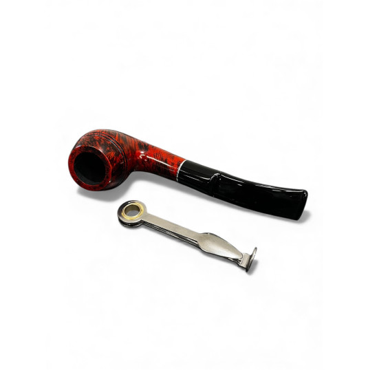 Design Berlin hanga gyökérből készült, polírozott, fekete, nyerges hajlított akril szopókával, ezüst színű gyűrűvel, 9mm filter, Rhodesian típus