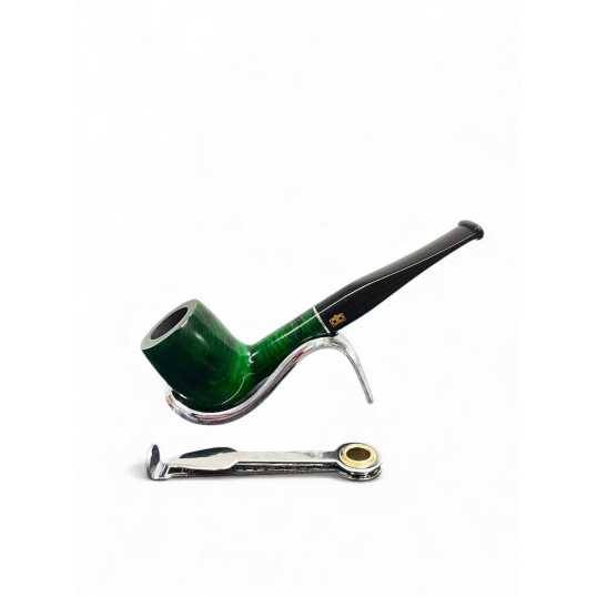 Design Berlin hanga gyökérből készült, sötétzöld polírozott, fekete, egyenes akril szopókával, ezüst színű gyűrűvel, 9mm filter, Billiard típus