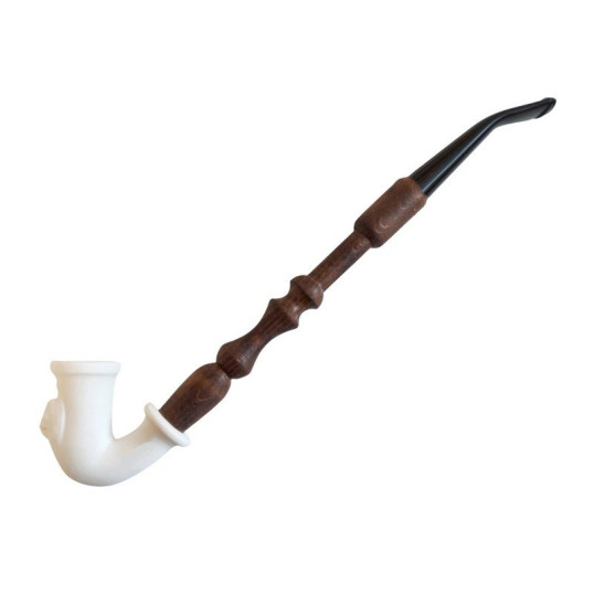 Matt fehér tradicionális magyar porcelán pipa, oroszlánfej mintával fából készült szárral - 4