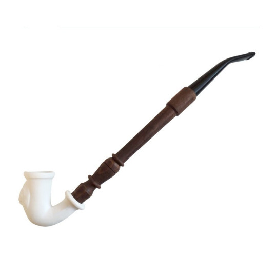 Matt fehér tradicionális magyar porcelán pipa, oroszlánfej mintával fából készült szárral - 4