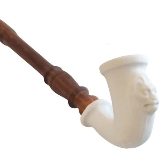 Matt fehér tradicionális magyar porcelán pipa, oroszlánfej mintával fából készült szárral - 4