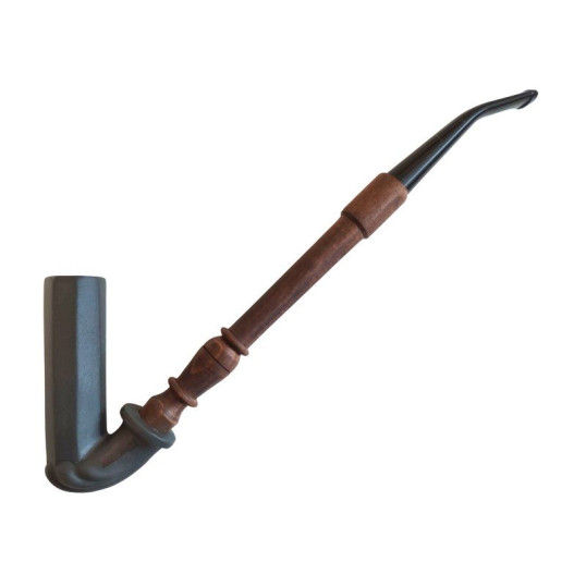 Matt fekete tradicionális magyar porcelán pipa, kéz mintával fából készült szárral - közepes kazán méret