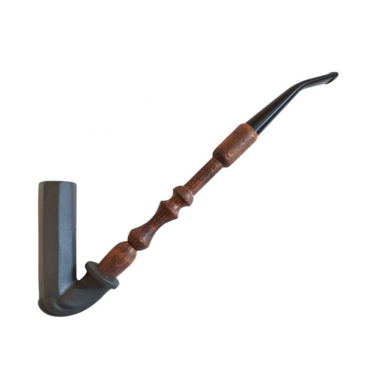 Matt fekete tradicionális magyar porcelán pipa, kéz mintával fából készült szárral - közepes kazán méret