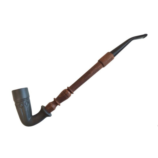 Matt fekete tradicionális magyar porcelán pipa, lándzsa mintával fából készült szárral - 3