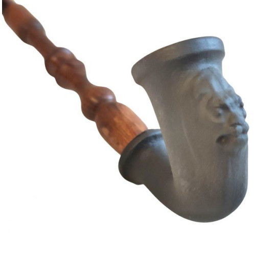 Matt fekete tradicionális magyar porcelán pipa, oroszlánfej mintával fából készült szárral - 4