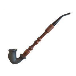 Matt fekete tradicionális magyar porcelán pipa, oroszlánfej mintával fából készült szárral - 4