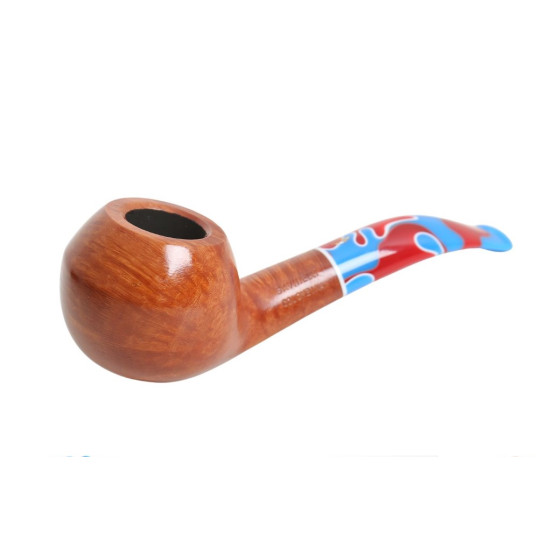 Savinelli Colombina Liscia Naturale 673 hanga gyökér pipa 9 mm filterrel, kék-piros-fehér mintázatú akril enyhén hajlított szárral