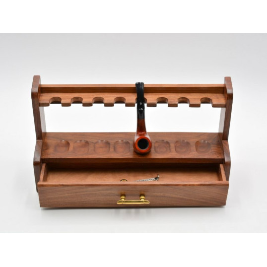Sötétbarna szezámfa pipatartó 8 pipához – fiókkal, réz fogantyúval - OUTLET-1