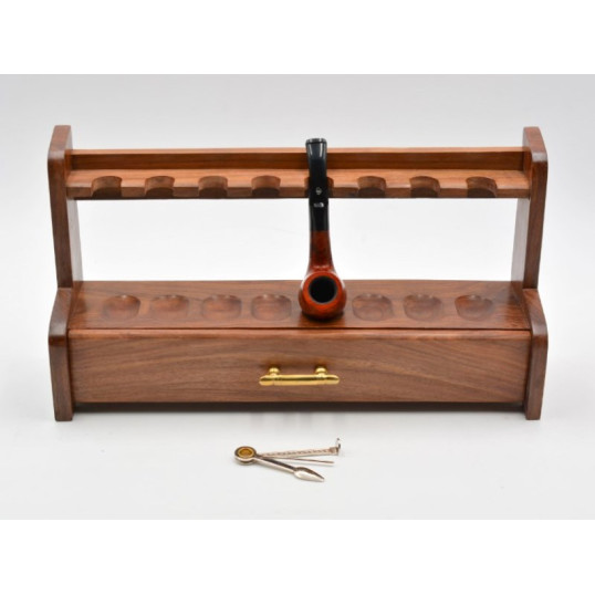 Sötétbarna szezámfa pipatartó 8 pipához – fiókkal, réz fogantyúval - OUTLET-1
