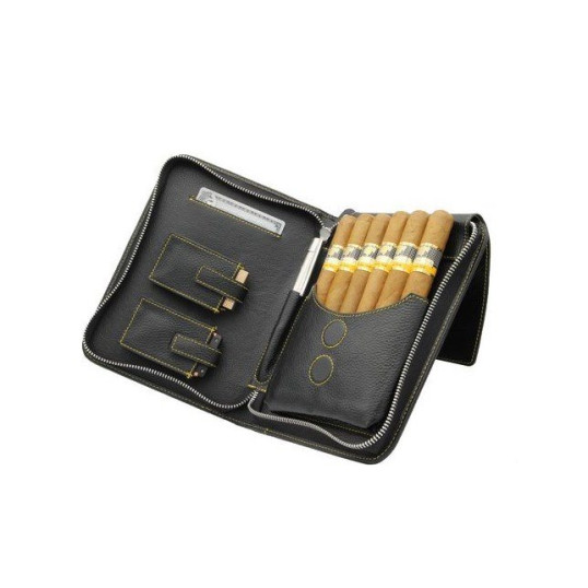 Adorini szivartáska, valódi bőr, fekete, 5-7 Churchill méretű szivarnak - sárga varrással