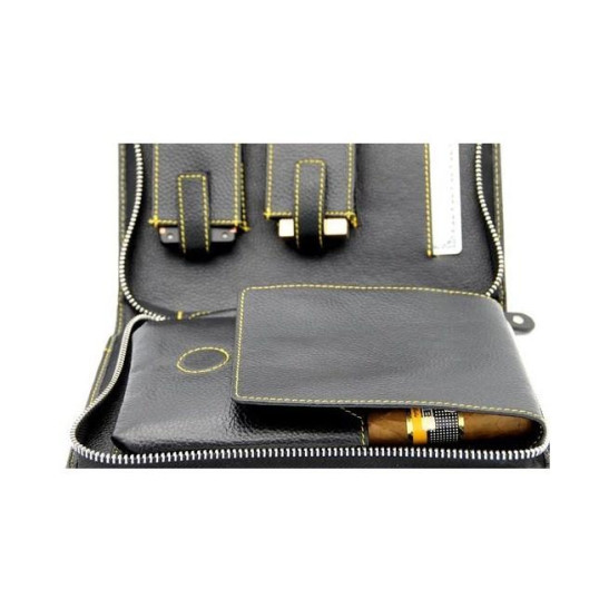 Adorini szivartáska, valódi bőr, fekete, 5-7 Churchill méretű szivarnak - sárga varrással