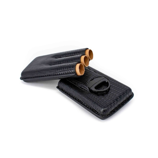 Szivartok 3 szál szivar részére, szivar vágóval - fekete, műbőr